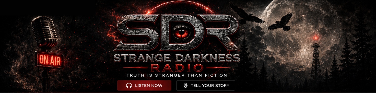 Strange Darkness Radio paranormal broadcast scene with the SDR logo, moon, radio tower and vintage microphone